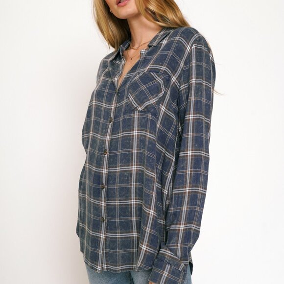 MYSTREE Blue Plaid Button Down Shirt Long Sleeve Oversized Casual Top - Picture 4 of 5